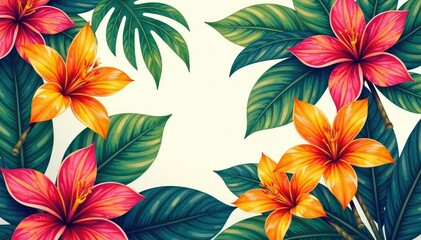 Obraz premium Bold, vibrant tropical floral print, exotic blooms, nature, flowers