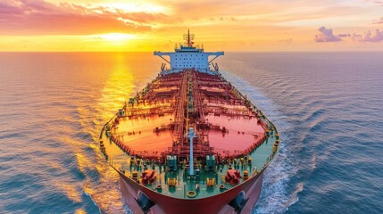 Fototapeta premium Drone view showing ship heading toward horizon in a massive expanse of ocean