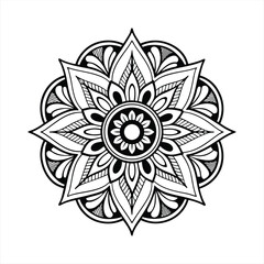 Abstract floral ornament with a circular flower design, featuring nature-inspired elements like leaves, sun, and plants in a colorful, vector illustration style