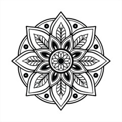 Abstract floral ornament with a circular flower design, featuring nature-inspired elements like leaves, sun, and plants in a colorful, vector illustration style