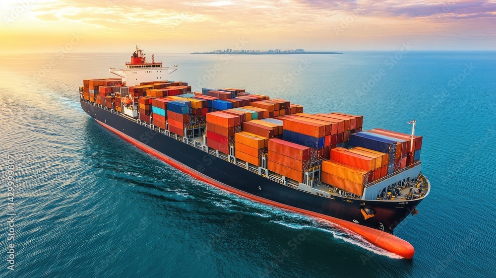 Poster ocean from above with a single cargo ship in motion, emphasizing scale and isolation