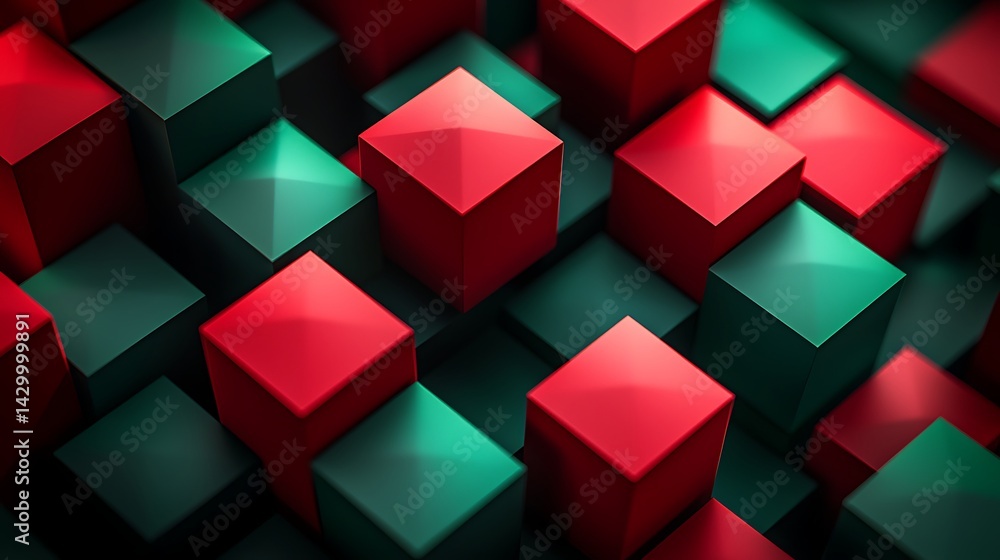 Poster abstract geometric pattern of stacked cubes in red and teal