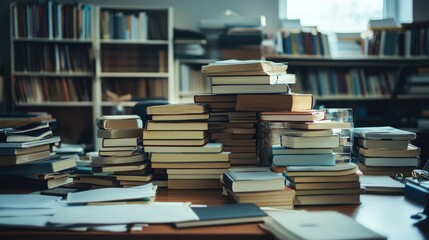 Office with books in various sizes stacked under a desk shelf with ambient desk light