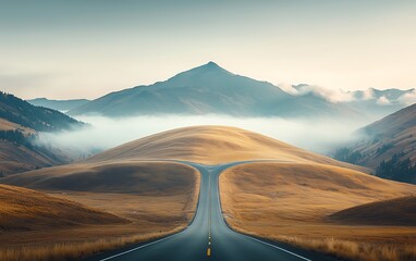 Asphalt road forks; golden fields, misty valleys, & majestic mountains