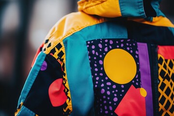 Vibrant, multicolored patchwork jacket's back detail.