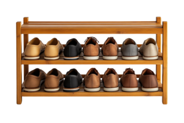 Stylish shoe collection neatly organized on a two tiered bamboo shoe rack against a black on transparent background