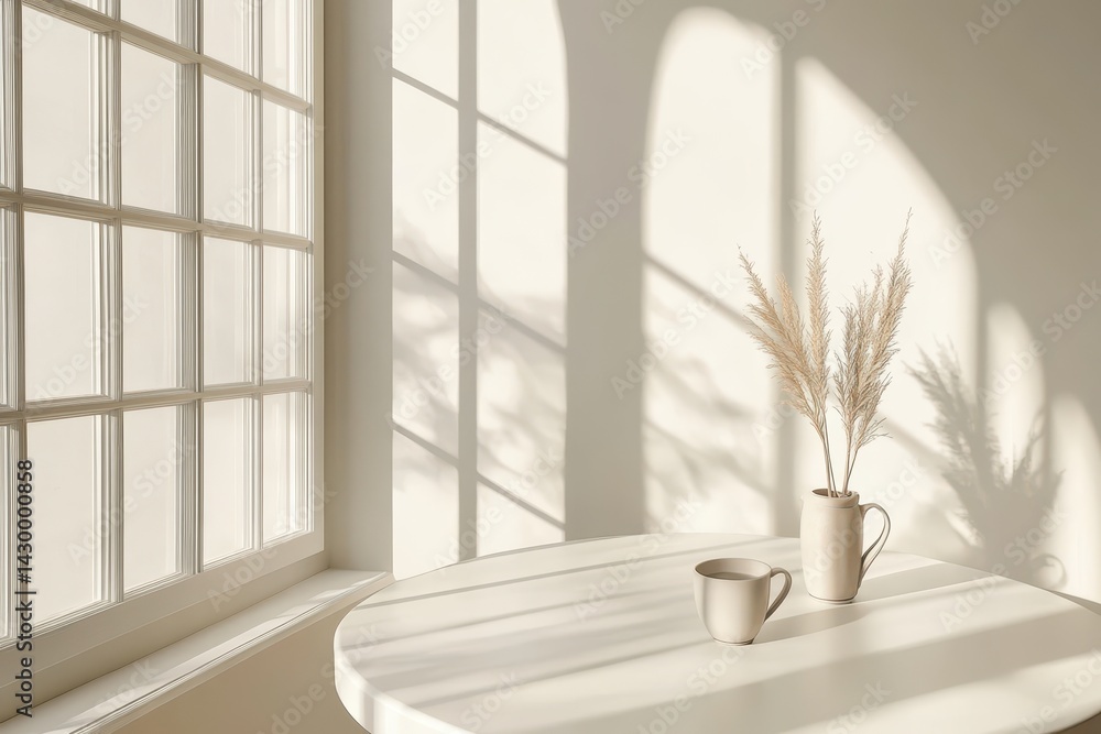 Poster soft sunlight streams through a window onto a minimalist table setting.