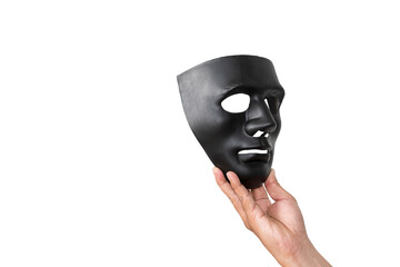 Select the focus of the black mask on the Businessman's hand holding it.