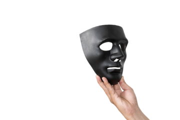 Select the focus of the black mask on the Businessman's hand holding it.