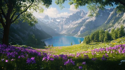 Mountain lake with meadow of flowers, trees, sky, and sunlight as idyllic scenery
