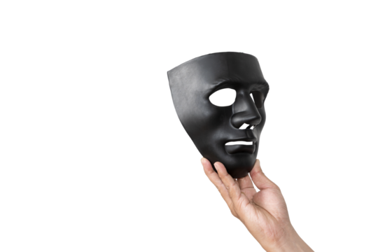 Select the focus of the black mask on the Businessman's hand holding it.