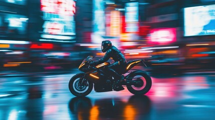 Fototapeta premium A futuristic biker riding a motorcycle at high speeds through neon city streets