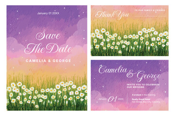 Elegant Watercolor Violet and Daisy Combination Wedding Invitation Template