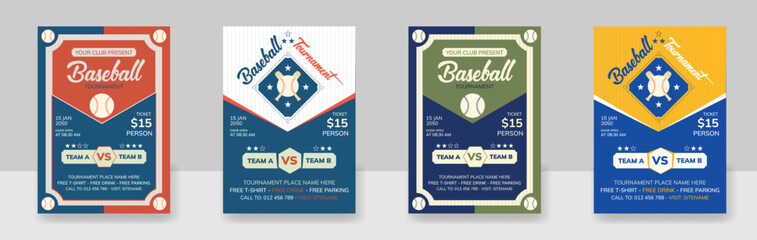 A Set Of Baseball Tournament Poster Template Bundle with Ball and Crossed Bats
