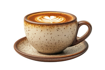 Indulge in a creamy latte art coffee a perfectly crafted cappuccino in a rustic speckled mug on on transparent background
