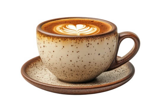 Indulge in a creamy latte art coffee a perfectly crafted cappuccino in a rustic speckled mug on on transparent background