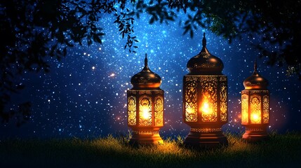 Fototapeta premium Glowing Ramadan Lanterns Night Scene Starry Sky