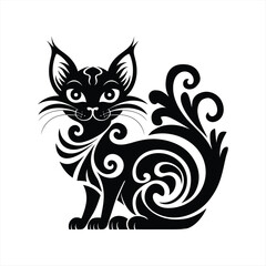Elegant Black Cat Silhouette Vector with Ornate Swirl Tail and Decorative Design Elements
