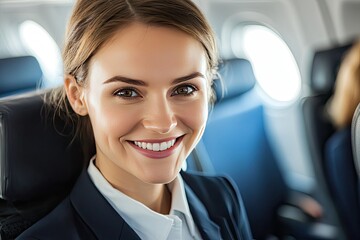 Portrait of a professional flight attendant smiling in an airplane cabin.