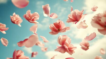 Fototapeta premium Delicate pink flower petals dancing in the sky.