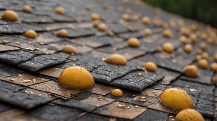 Closeup of neglected hail damage on a shingle roof resulting in severe leaks and rot.generative.ai
