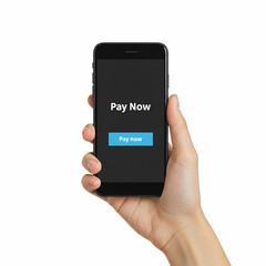 A hand holds a mobile phone displaying a pay now icon on a white background.