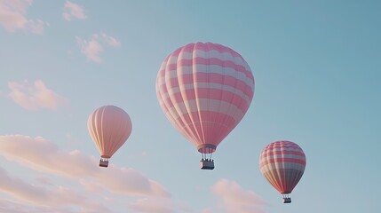 Naklejka premium Pastel hot air balloons soar peacefully in a light sky.