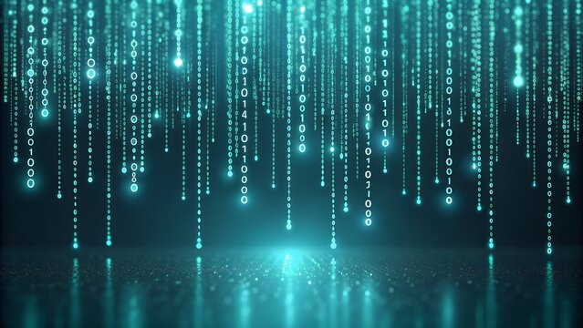 Abstract digital rain of binary code with reflection on floor displaying technology concept and data stream illustrating modern computer technology