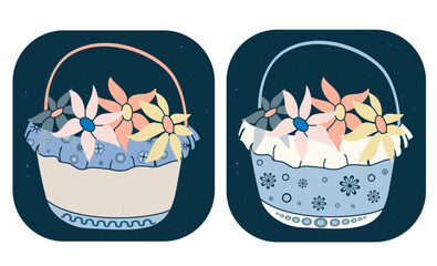 Set of decorative flowers in baskets. Spring flowers in sketch style