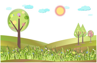 Summer landscape with trees, clouds, sun