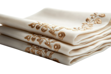 Elegant off white linen napkins with gold embroidered floral detailing softly folded luxurious on transparent background