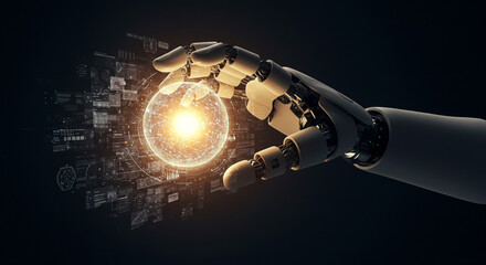 Robotic arm holding glowing sphere with digital interface in a dark futuristic environment scene