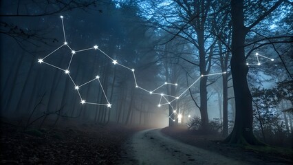 Constellation art displayed over misty forest path at night for astrology enthusiasts and astronomy concepts in nature