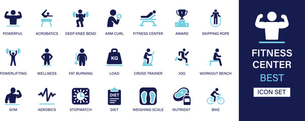 Fitness center icon set collection. Powerful, acrobatics, deep knee bend, fitness center, award, skipping rope, powerlifting, wellness, load and best solid icon set.