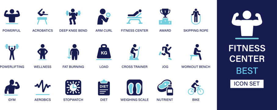 Fitness center icon set collection. Powerful, acrobatics, deep knee bend, fitness center, award, skipping rope, powerlifting, wellness, load and best solid icon set.