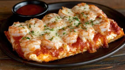 Delicious shrimp pizza slice set aside on a plate, with dipping sauce beside