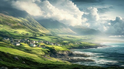 A panoramic view of a tranquil Irish village, nestled between green mountains and a sparkling coastline.