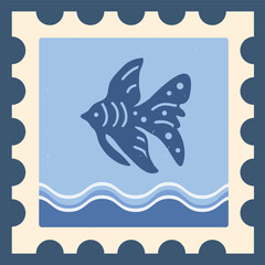 Stamp with sea animals in a minimalist style. Fish on a light blue background. Vintage style