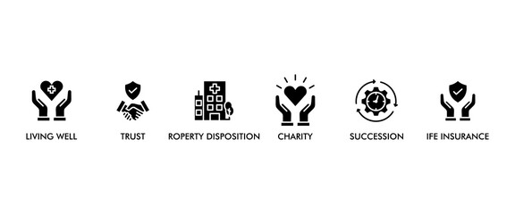 Estate planning banner web icon vector illustration concept with icon of living well, trust, property disposition, charity, succession, life insurance