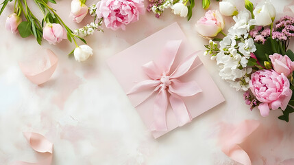 Romantic pink invitation card with peony flowers and soft ribbon bow arrangement
