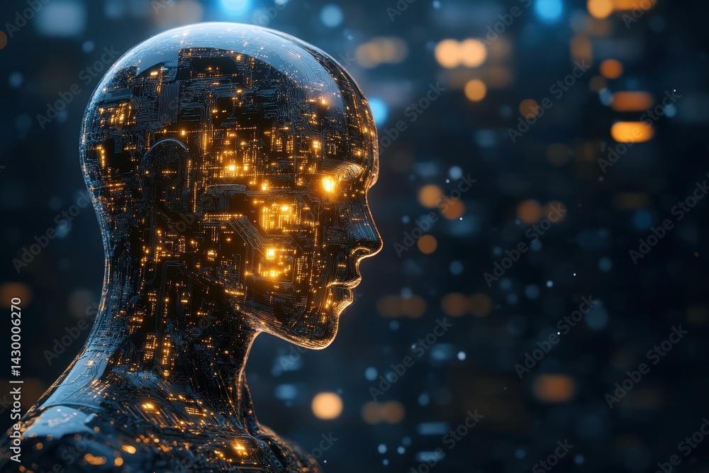 Aufkleber humanoid ai head with glowing circuits, against a dark bokeh background. ideal for illustrating arti
