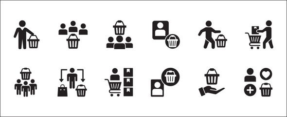 Online shopping buyer icons. Consumer shop icon set. User shopper sign collection. Icon symbol contains people, goods, stock, shopper, buyer, trolley, shopping basket. Vector illustration