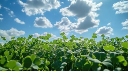 A patch of soft green clover under a bright blue sky with fluffy clouds drifting by.