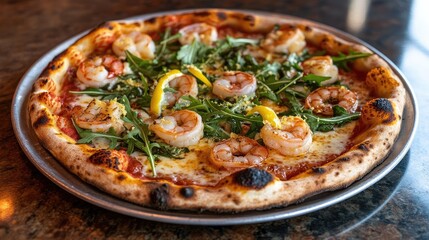 Gourmet shrimp pizza with white sauce, arugula, and lemon zest on a marble table