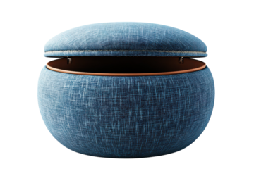 Stylish denim ottoman with lid ajar revealing interior storage space against a black backdrop on transparent background