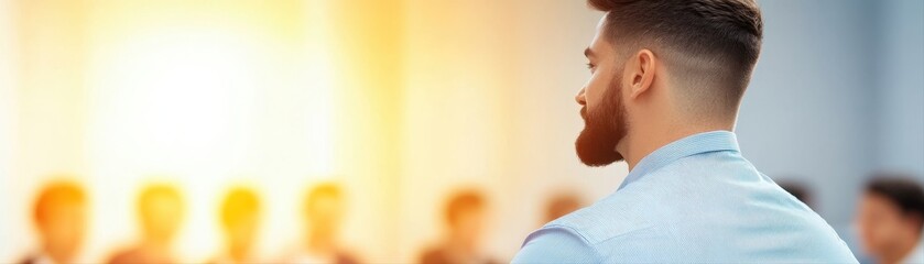 Obraz premium Professional young man with beard wea formal shirt attending business seminar or conference listening to speaker in modern office setting with blurred ence in background