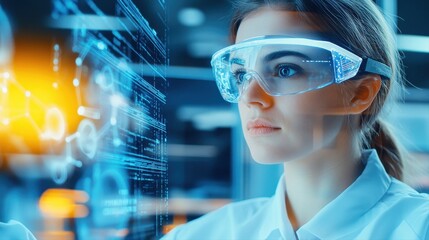 Close-up of a female scientist wea protective glasses analyzing futuristic digital holograms and data interface in high-tech laboratory environment
