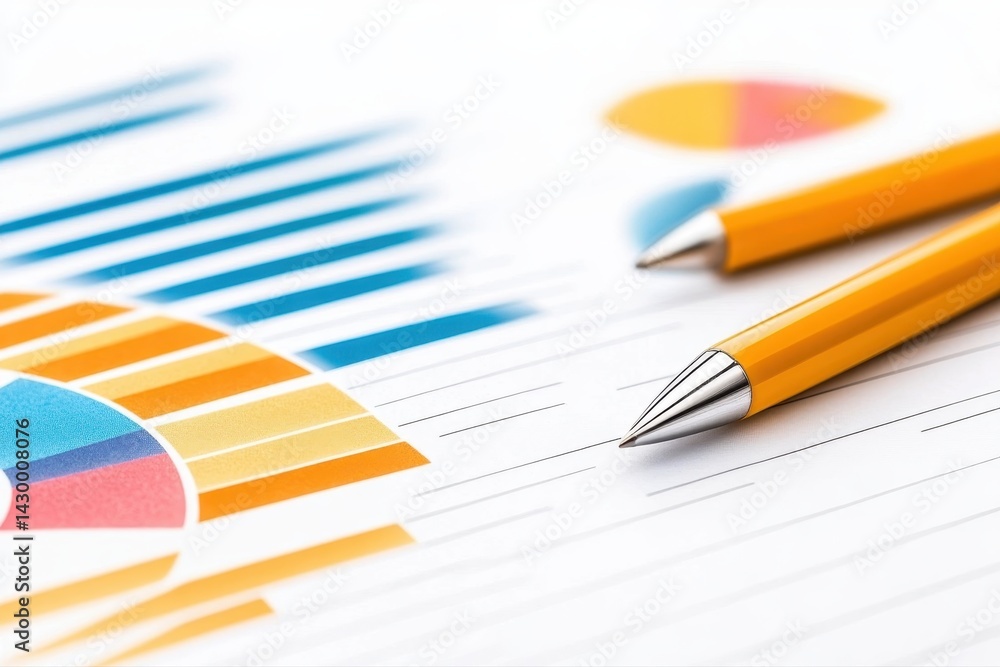 Poster close-up of professional business and marketing documents with colorful charts graphs and two yellow