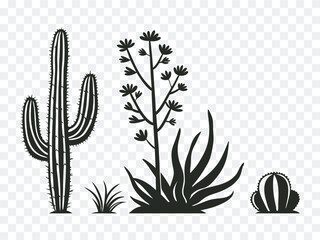 Desert cactus silhouette vector illustration featuring various succulent plants in black outline style, perfect for arid climate themes, botanical graphics, and minimalist southwestern designs.