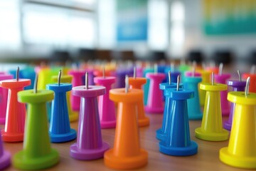 Colorful pushpins in various hues arranged on a wooden surface.